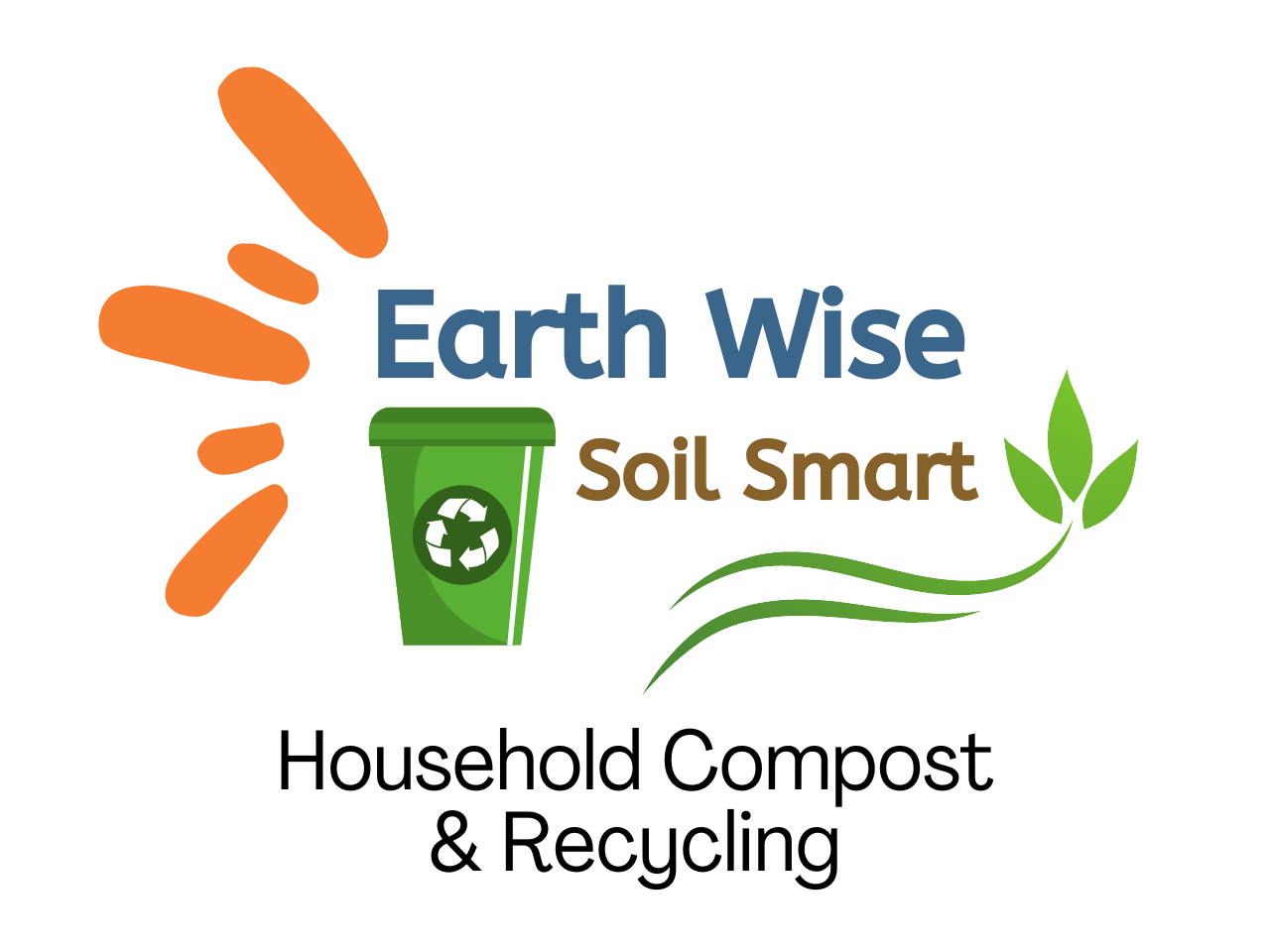 Text logo that reads Earth Wise Soil Smart.  Features an orange graphic sun ray on the top left, a green recycle bin on the bottom left, and a sprouting leaf on the bottom right.