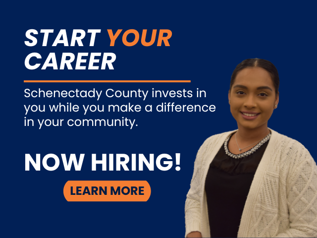 Graphic with a photo of a smiling county employee that says start your career and learn more.