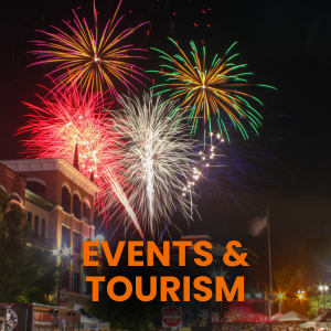 Firework photo with the text Events & Tourism
