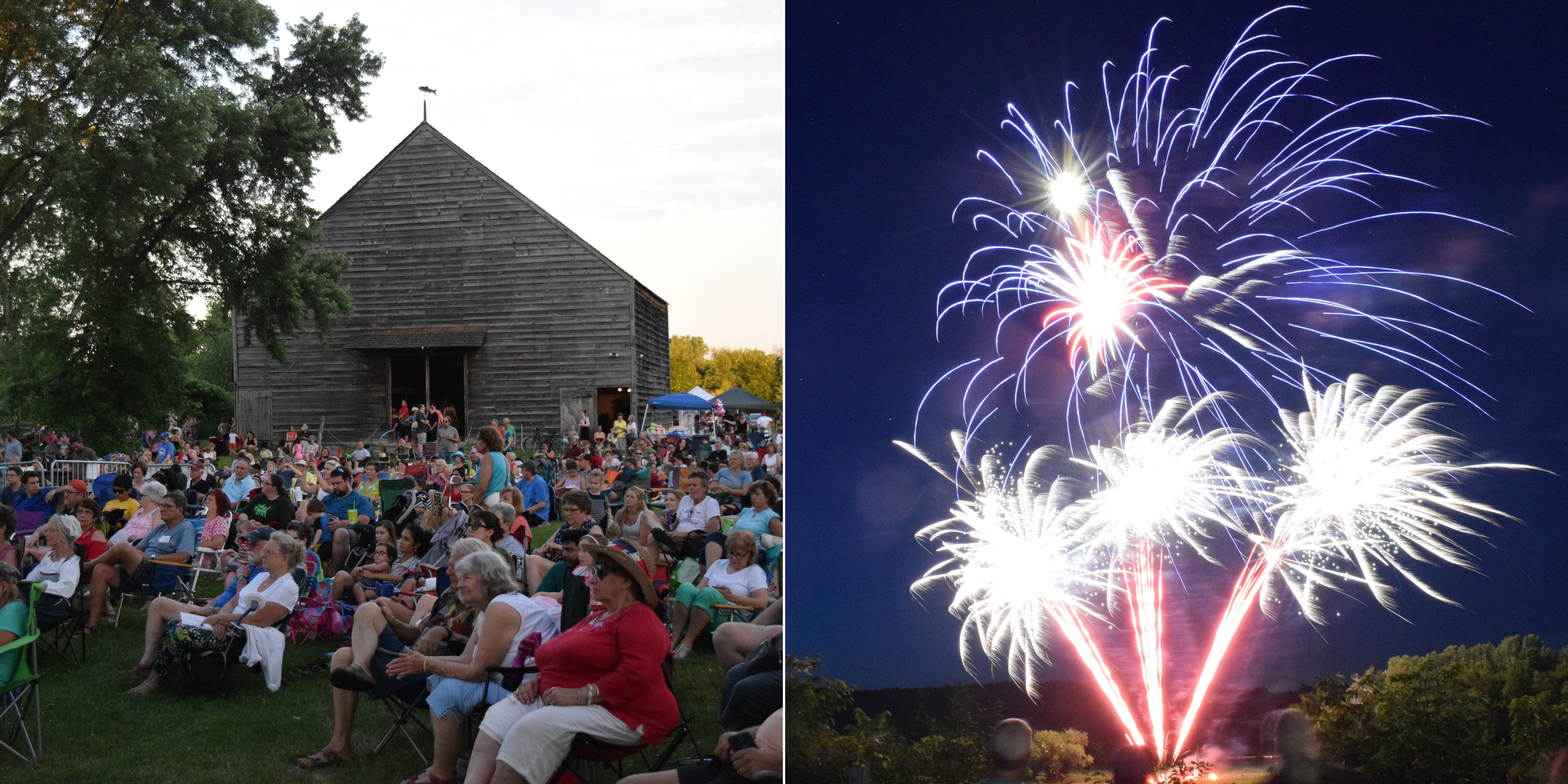 grid photo of audience sitting on the lawn in front of the Mabee Barn next to a photo of fireworks over the Mohawk River