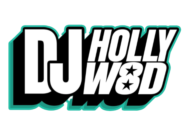 Logo: white Letters with aqua green outline DJ Hollywood spelling with an 8 in place of oo