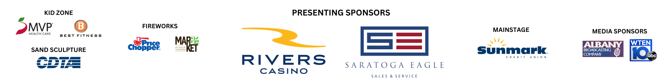 Logos of sponsors: Rivers Casino, Saratoga Eagle, Price Chopper/Market 32, Sunmark FCU, CDTA, MVP Healthcare, Best Fitness, Albany Broadcasting Company, WTEN