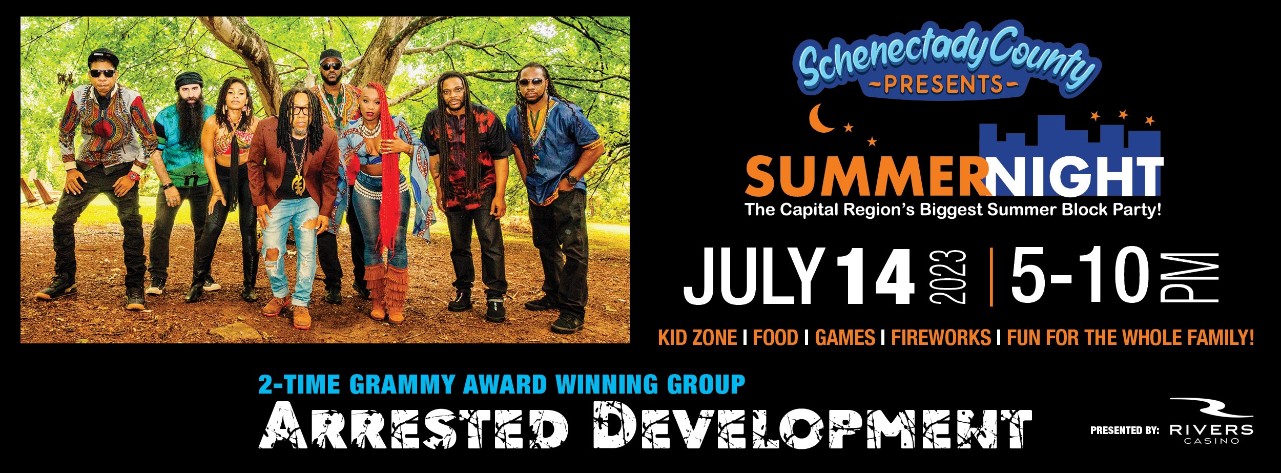 web banner announcing the headlining act at SummerNight 23. Includes photo of Arrested Development