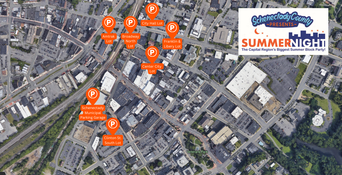 Map of municipal parking lots available for SummerNight. Visit parkschenectady.com.
