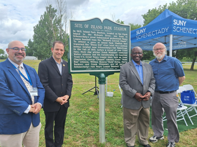 City Historian Chris Leonaerd, Director of the Baseball Hall of Fame and Museum Josh Rawitch, SUNY-Schenectady President Steady Moono and County Historian Bill Buell at last week's historic marker unveiling.