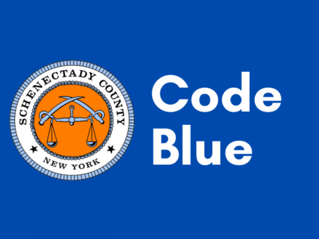 Blue background with Schenectady County seal and text "Code Blue"