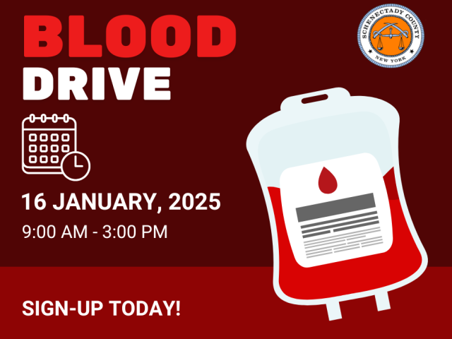 Blood Drive graphic with event date and time, County Seal, and a blood transfusion bag