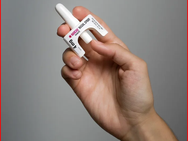 Photo of hand holding naloxone applicator