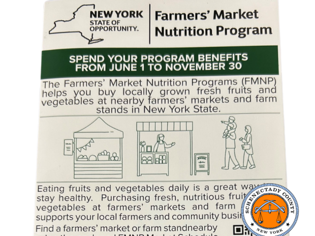 Photo of a NYS Farmers Market Nutrition Program coupon booklet with Schenectady County Seal