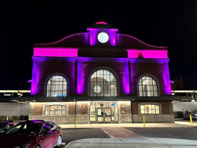 Picture of the Schenectady Train Station Lit Up in Purple Lights