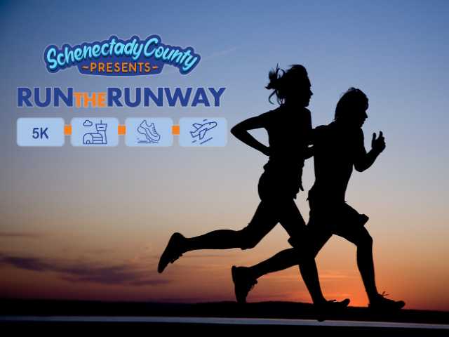 Run the Runway Logo with silhouette of 2 runners on a runway