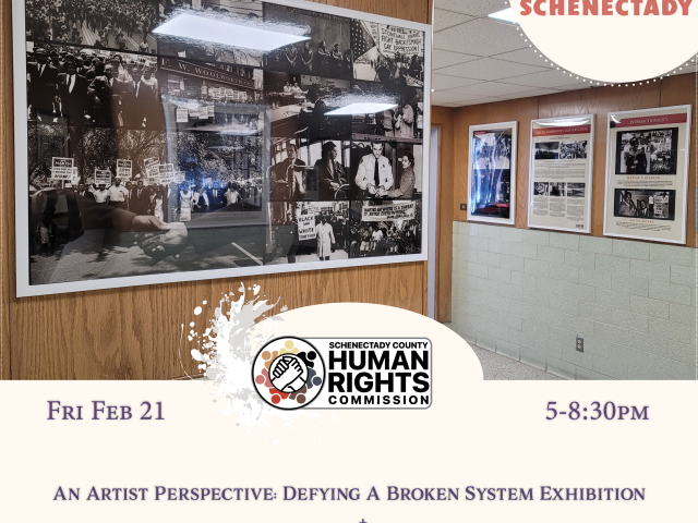 Photo of photo collage and other images displayed at the County Office Building with text: Art Night Schenectady February 21, 2025 from 5-8:30pm